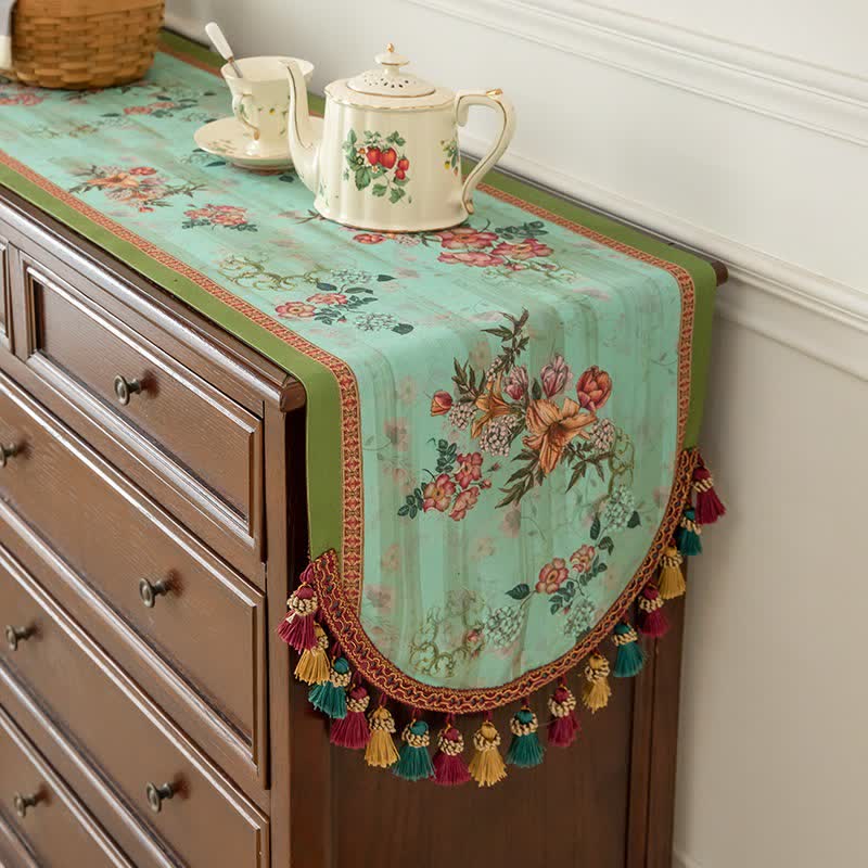 Vintage Green Floral Tassel Table Runner - image 1