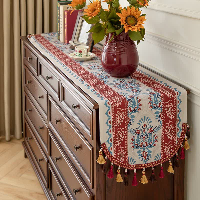 Traditional Damask Table Runner with Tassels - image 1