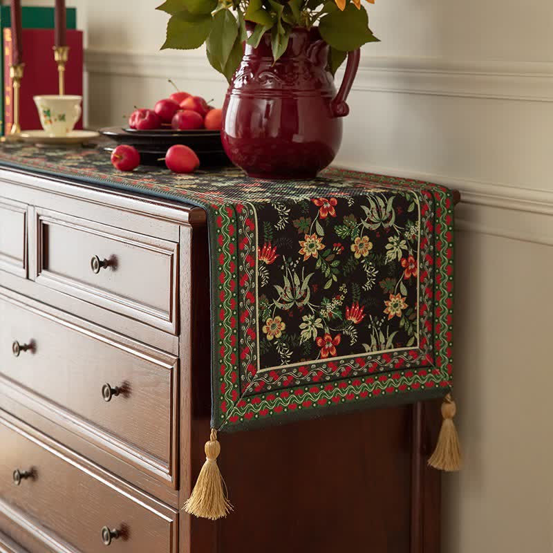 Vintage Floral & Leaf Tassel Table Runner - image 2