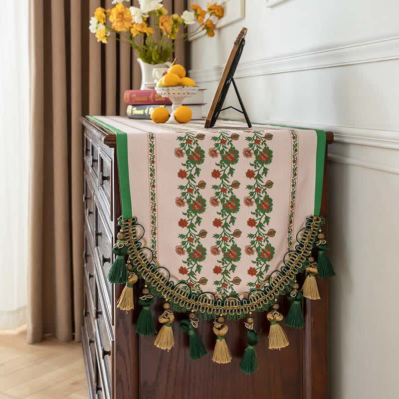 Elegant Floral Table Runner with Tassel Trim - image 1