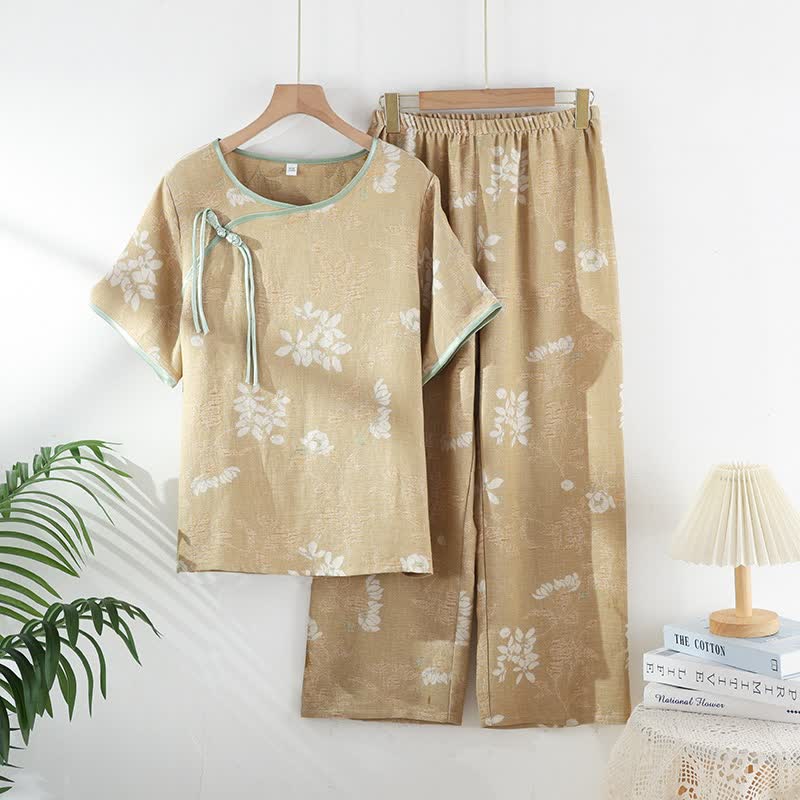 Floral Cotton Chinese Knot Loungewear Set - Dark Yellow - XL - image 0