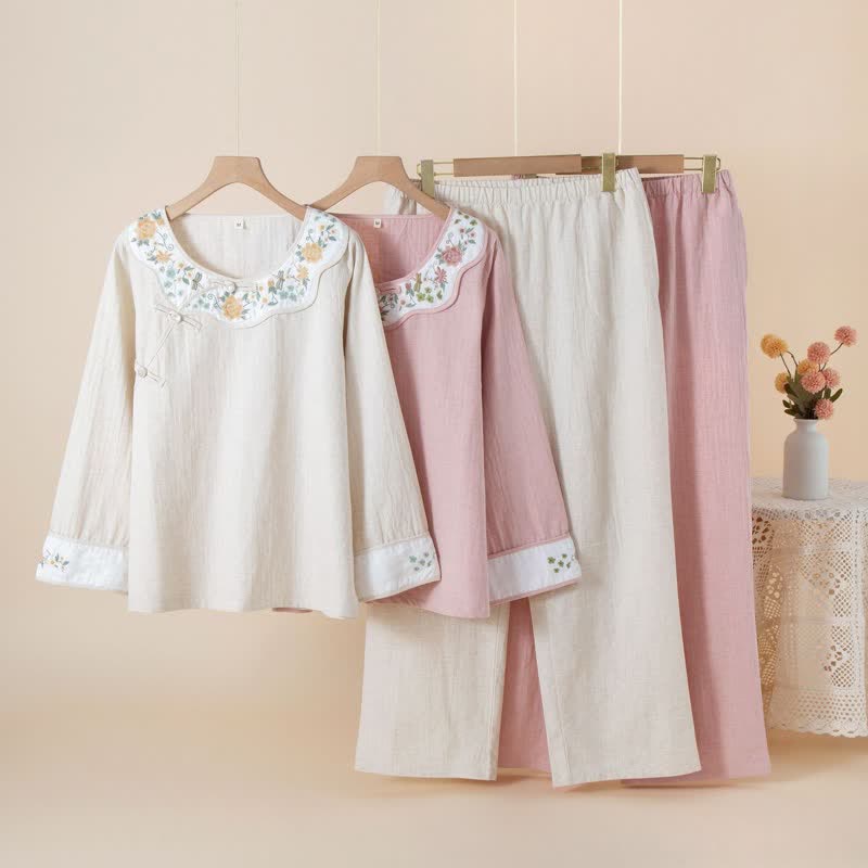 Floral Embroidered Cotton Linen Women's Pajamas - image 0