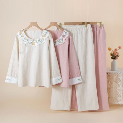 Floral Embroidered Cotton Linen Women's Pajamas - image 0