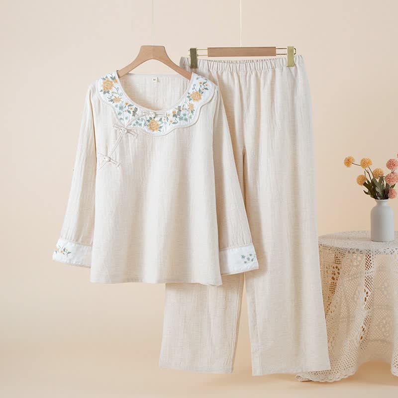 Floral Embroidered Cotton Linen Women's Pajamas - Beige - XL - image 3