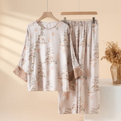 Oriental Print Fiber Women's Loungewear Set - Beige - 2XL - image 9