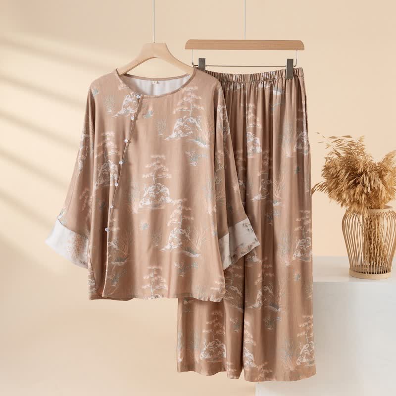 Oriental Print Fiber Women's Loungewear Set - Brown - 2XL - image 2
