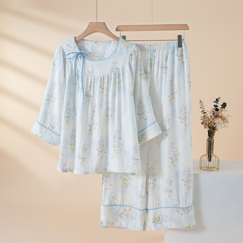 Floral Bamboo Cotton Tie Neck Pajamas - Blue - XXL - image 13