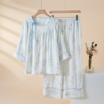 Floral Bamboo Cotton Tie Neck Pajamas - Blue - XXL - image 13