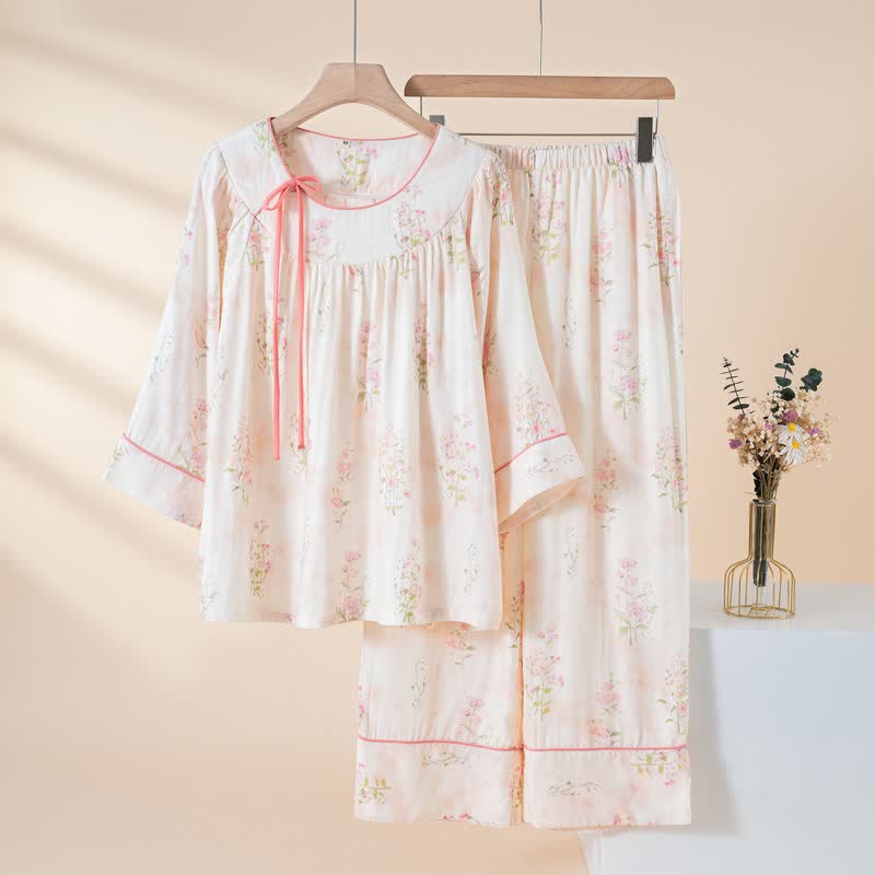 Floral Bamboo Cotton Tie Neck Pajamas - Pink - XXL - image 2