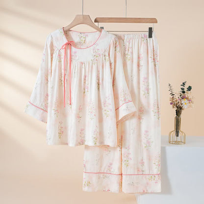Floral Bamboo Cotton Tie Neck Pajamas - Pink - XXL - image 2