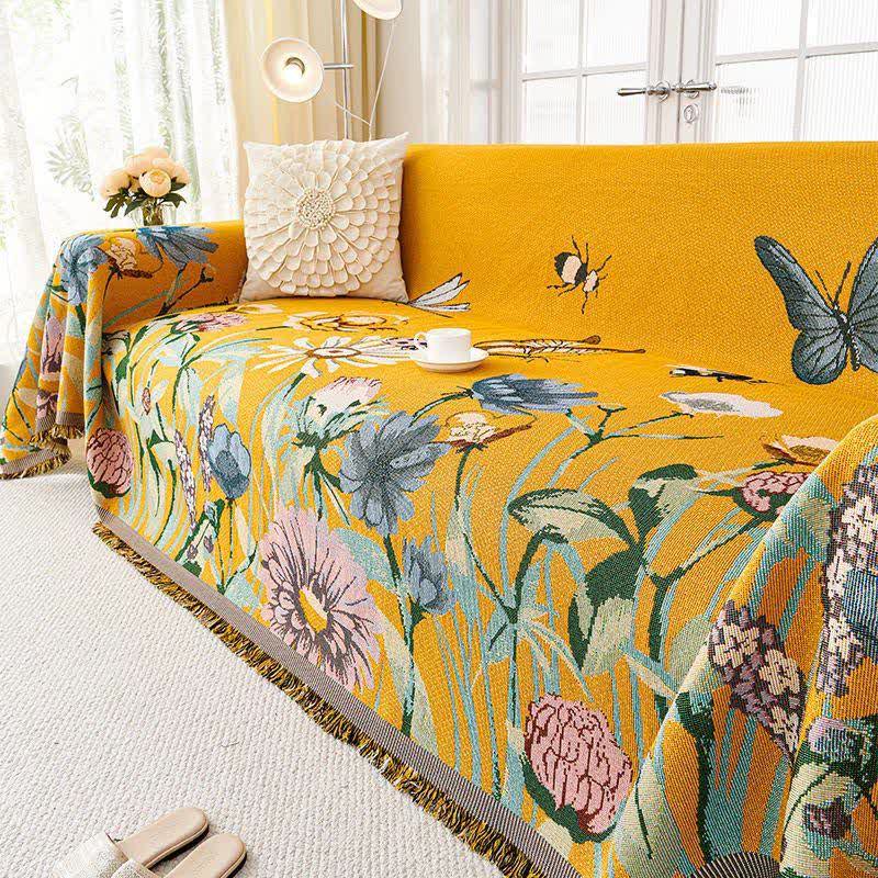Vintage Floral Tassel Sofa Protector - Yellow - 71" × 165" - image 0