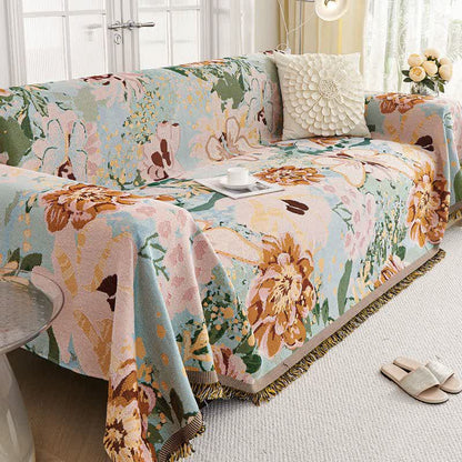 Oil Painting Floral Tassel Sofa Protector - image 4