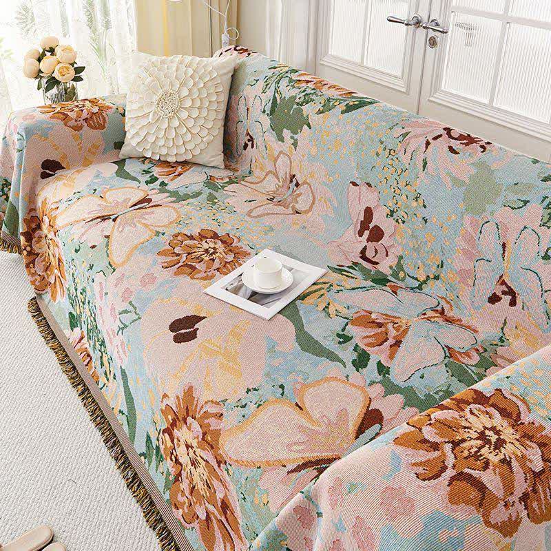 Oil Painting Floral Tassel Sofa Protector - Pink - 71" × 165" - image 0