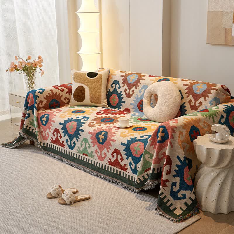 Boho Geometric Tassel Sofa Protector - Beige - 71" × 150" - image 3