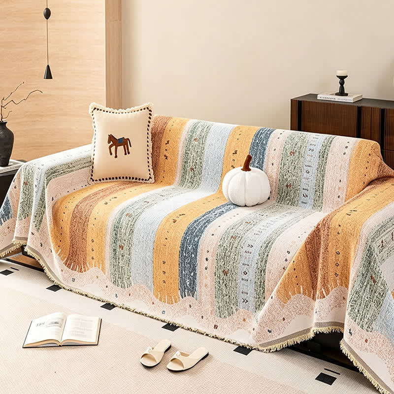 Pastel Stripr & Wave Tassel Sofa Protector - image 1