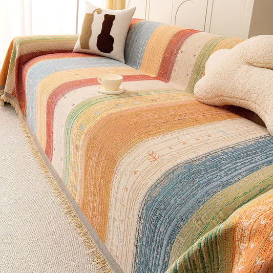 Colorful Stripe Tassel Sofa Protector - Orange - 71" × 189" - image 0