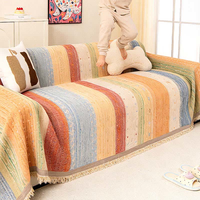Colorful Stripe Tassel Sofa Protector - image 3