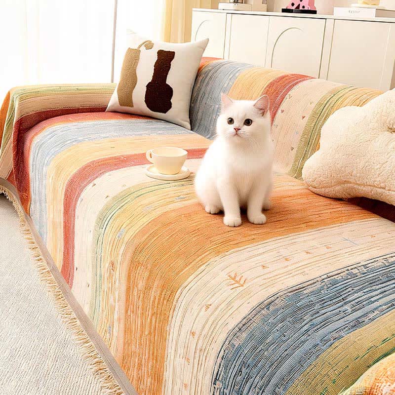 Colorful Stripe Tassel Sofa Protector - image 4