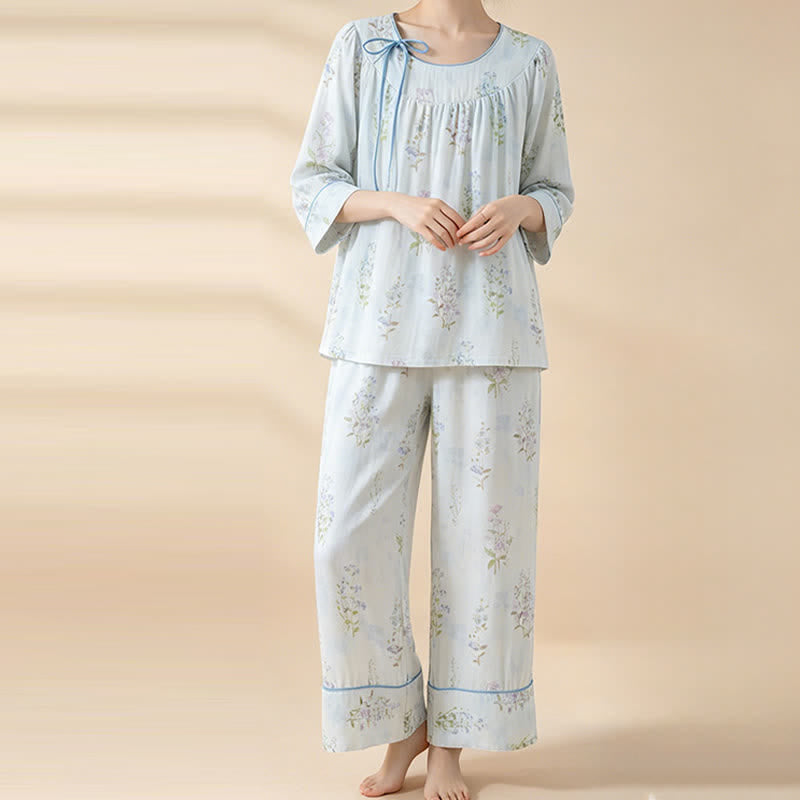 Floral Bamboo Cotton Tie Neck Pajamas - image 14