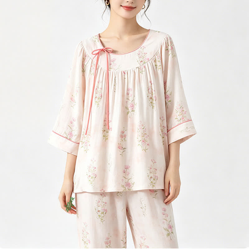 Floral Bamboo Cotton Tie Neck Pajamas - image 5