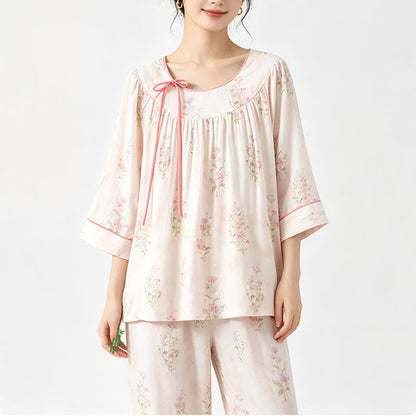 Floral Bamboo Cotton Tie Neck Pajamas - image 5