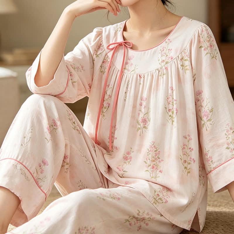 Floral Bamboo Cotton Tie Neck Pajamas - image 4