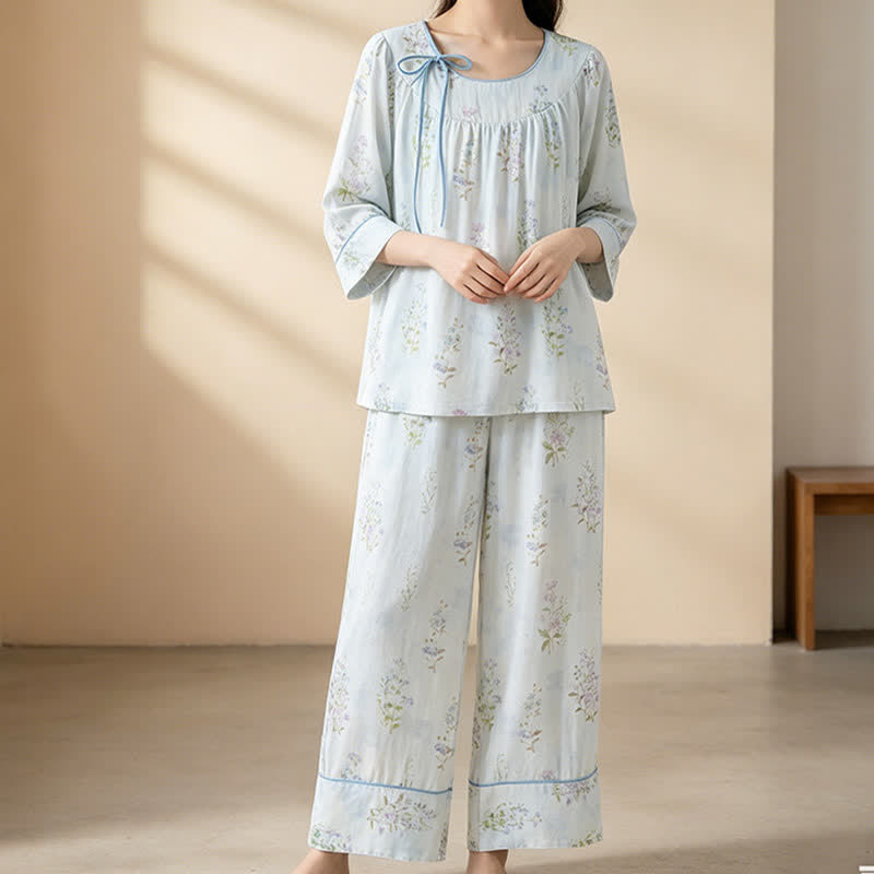 Floral Bamboo Cotton Tie Neck Pajamas - image 15