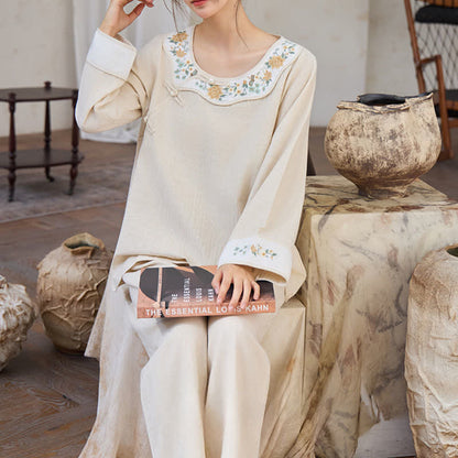 Floral Embroidered Cotton Linen Women's Pajamas - image 4