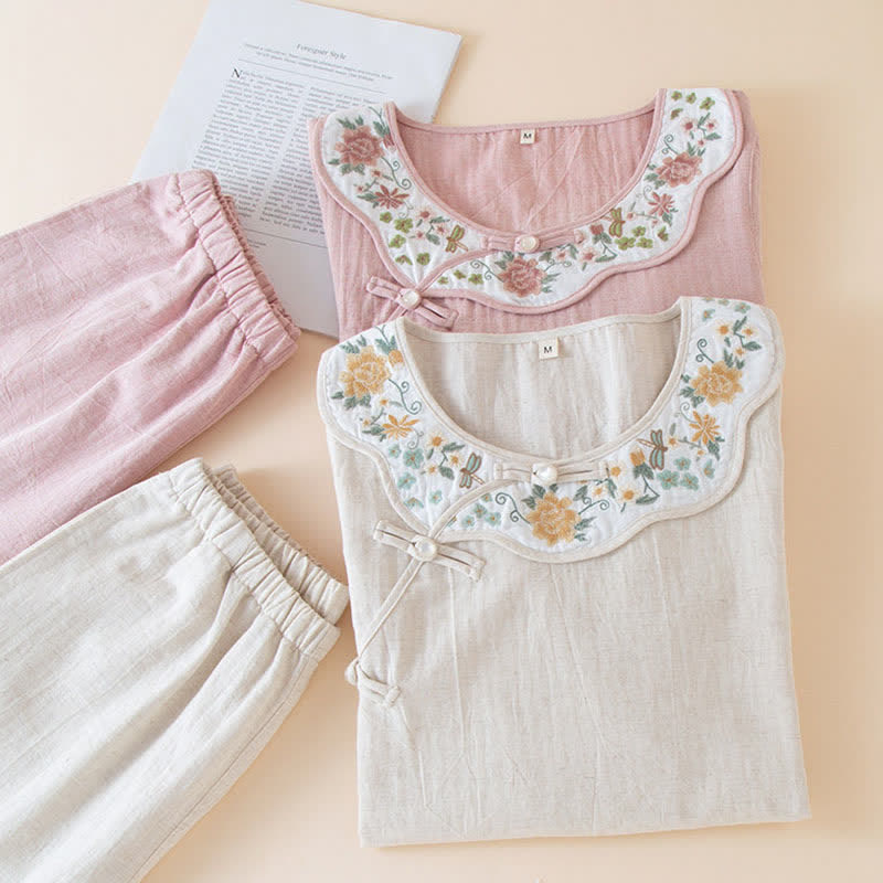 Floral Embroidered Cotton Linen Women's Pajamas - image 2