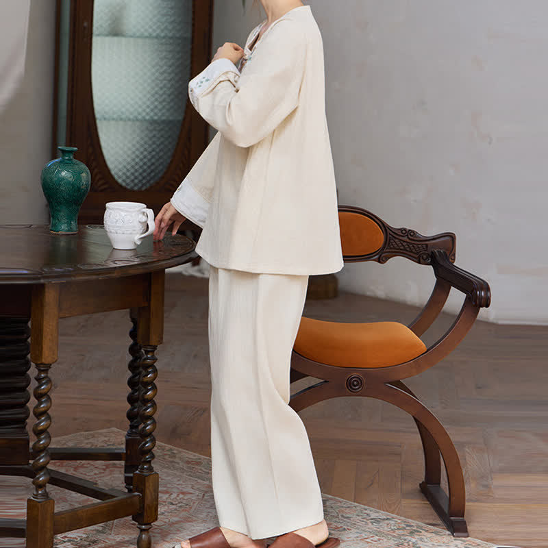Floral Embroidered Cotton Linen Women's Pajamas - image 7
