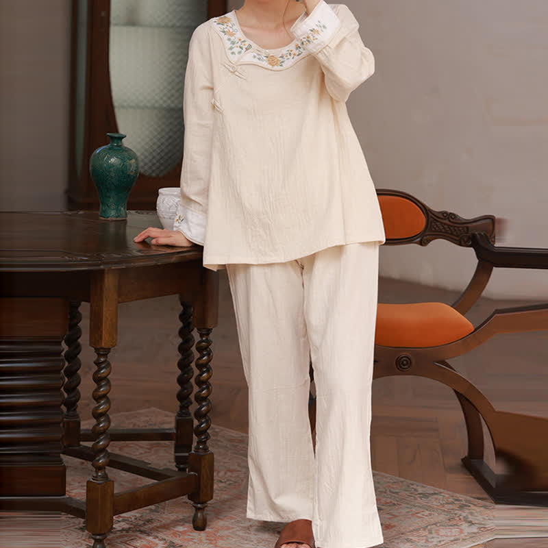 Floral Embroidered Cotton Linen Women's Pajamas - image 5