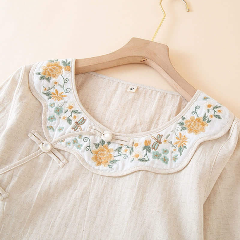 Floral Embroidered Cotton Linen Women's Pajamas - image 9