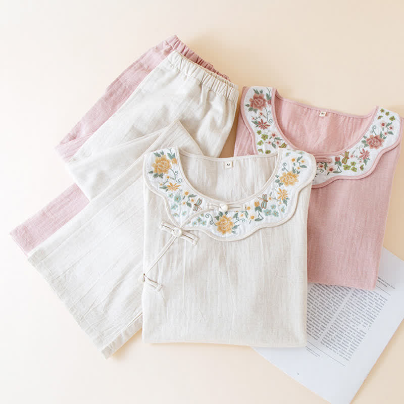 Floral Embroidered Cotton Linen Women's Pajamas - image 1