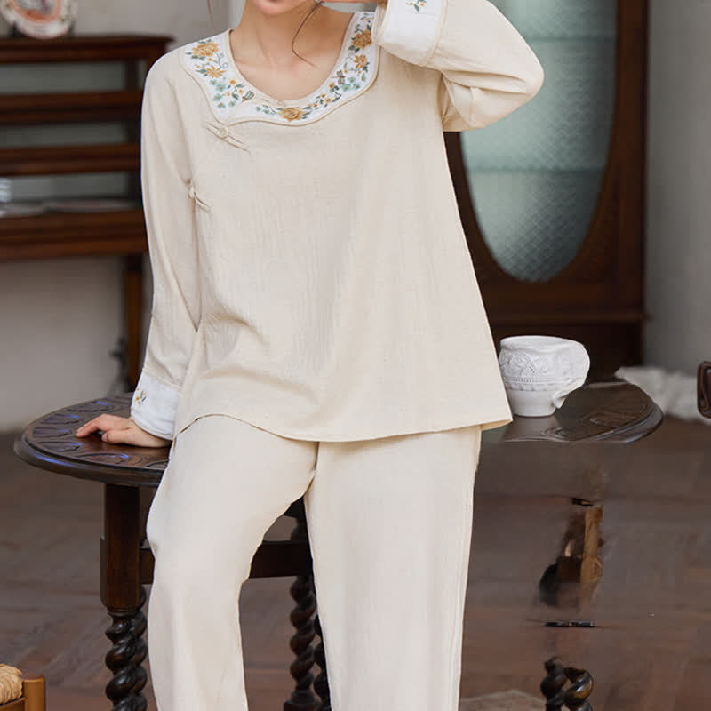 Floral Embroidered Cotton Linen Women's Pajamas - image 6