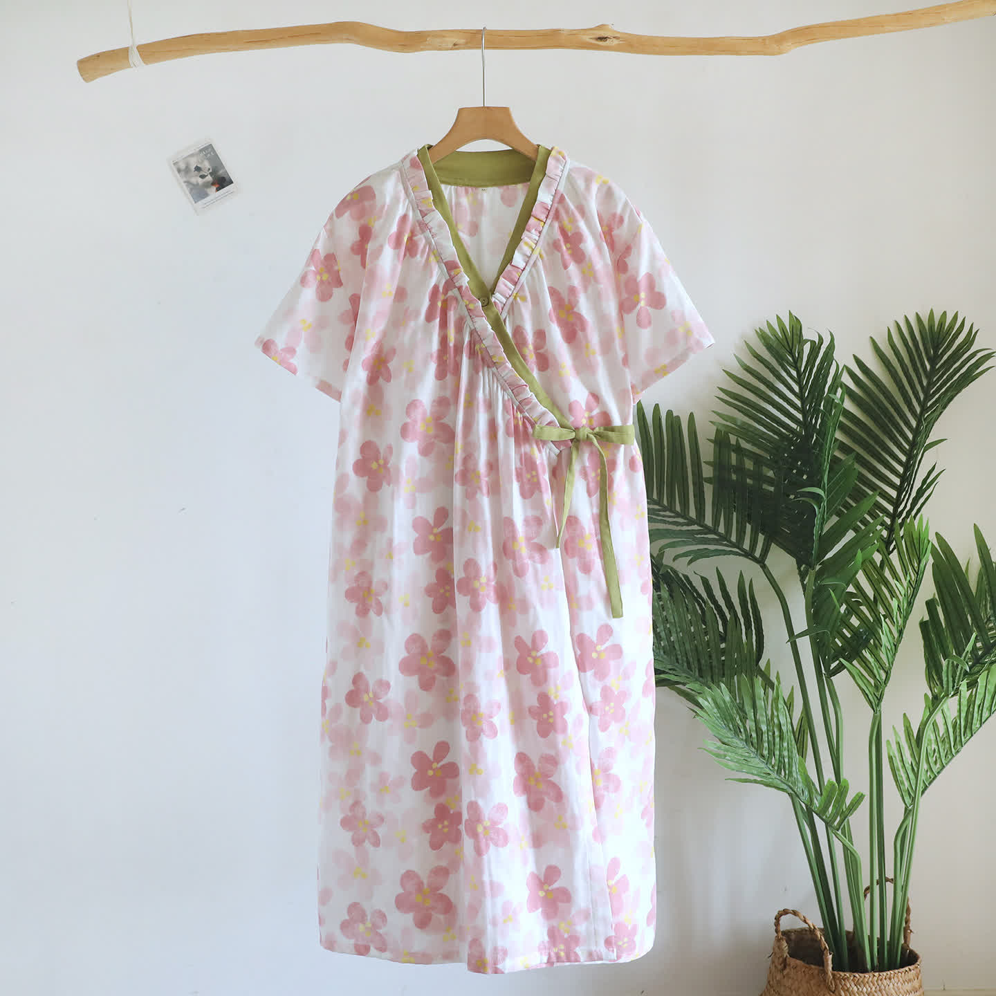 Sakura Floral Cotton Gauze Kimono Nightdress - Beige - Short Sleeve - L - image 2