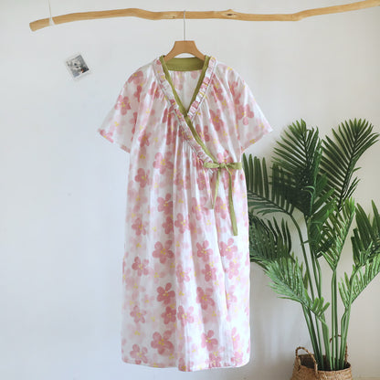 Sakura Floral Cotton Gauze Kimono Nightdress - Beige - Short Sleeve - L - image 2