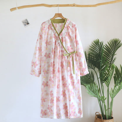 Sakura Floral Cotton Gauze Kimono Nightdress - Beige - Long Sleeve - L - image 13