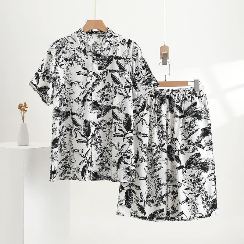 Monochrome Botanical Print Pajama Set - White - 5XL - image 0