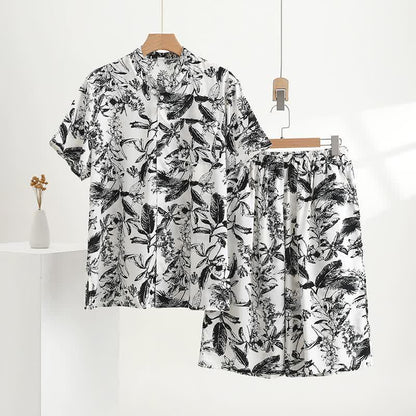 Monochrome Botanical Print Pajama Set - White - 5XL - image 0