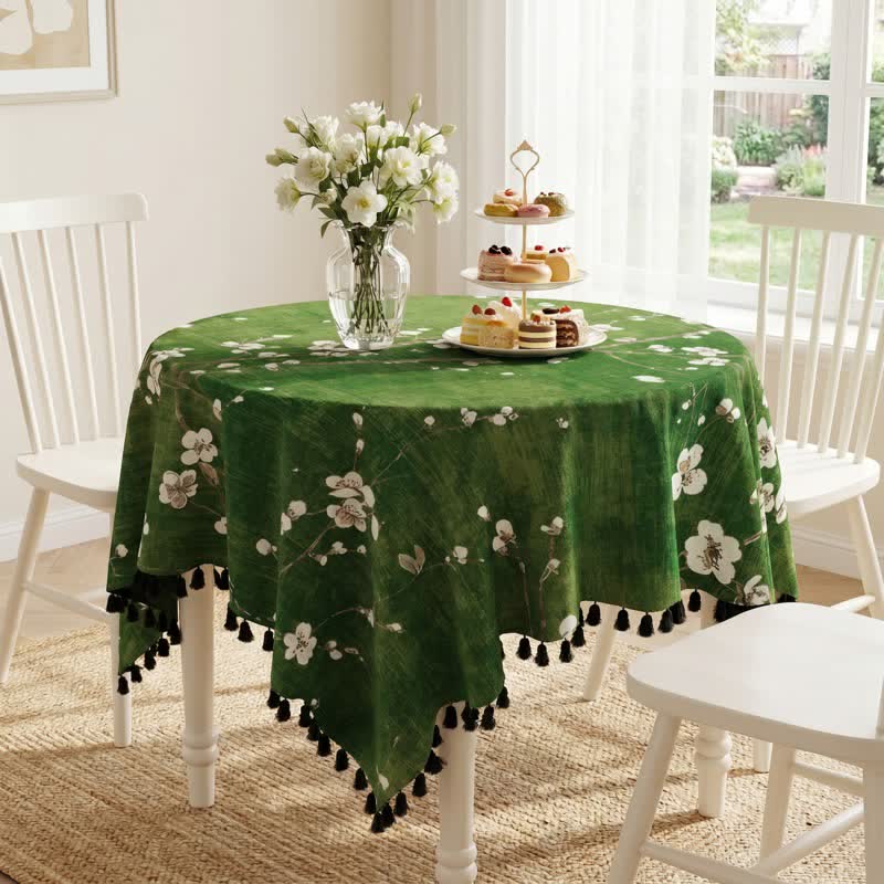 Vintage White Plum Blossom Tassel Tablecloth - image 1