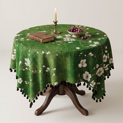 Vintage White Plum Blossom Tassel Tablecloth - image 3