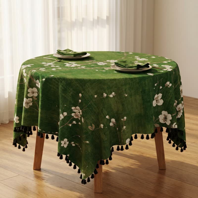 Vintage White Plum Blossom Tassel Tablecloth - image 2