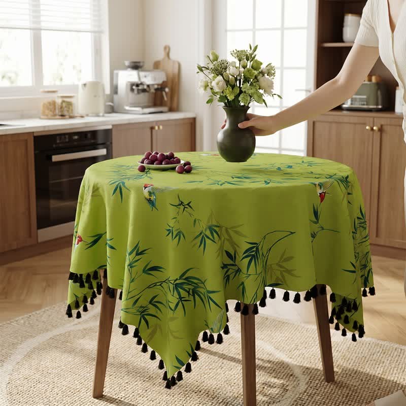 Green Bamboo Bird Tassel Tablecloth - image 1