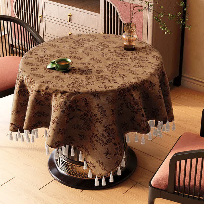 Vintage Branch leaf Tassel Tablecloth - Brown - 67" x 67" - image 5