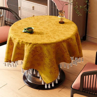 Vintage Branch leaf Tassel Tablecloth - Yellow - 67" x 67" - image 7