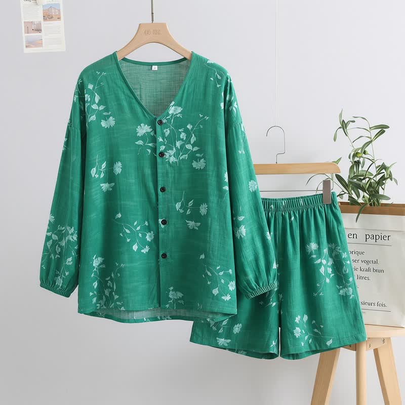 Botanical Floral Button Front Women's Pajamas - Green - One Size - image 4