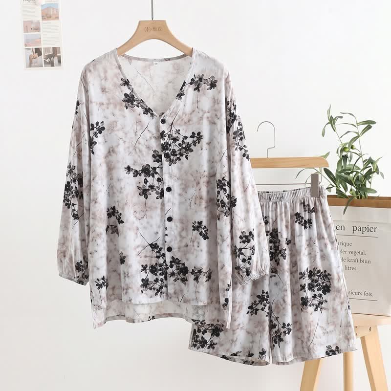 Retro Floral Button Front Women's Pajamas - Gray - One Size - image 0