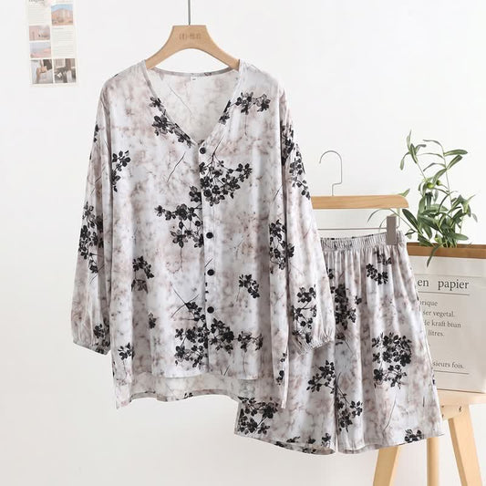 Retro Floral Button Front Women's Pajamas - Gray - One Size - image 0
