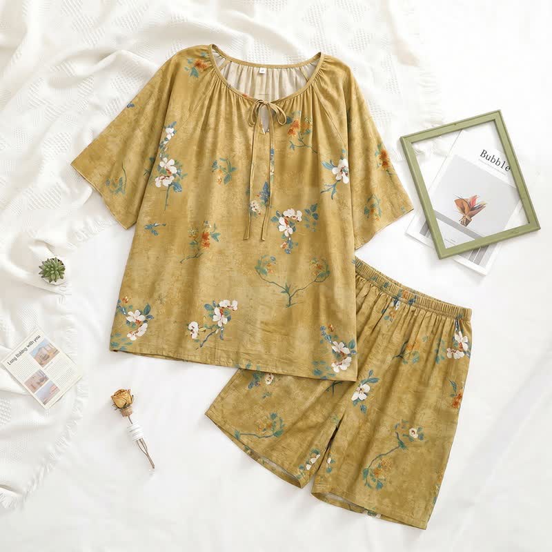 Vintage Botanical Floral Tie-Neck Pajama Set - image 1
