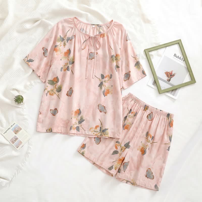 Floral & Butterfly Tie Neck Loungewear Set - image 1